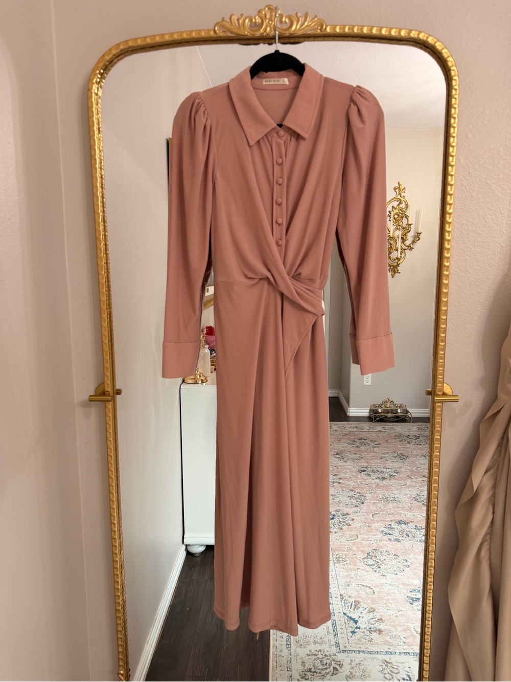 Knot-Front Mauve Midi Dress with Button Collar